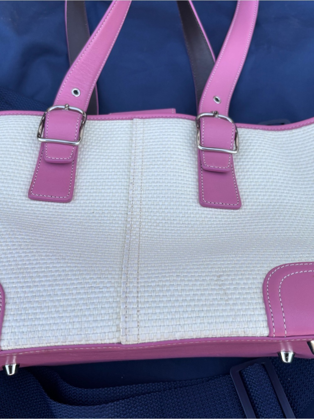 Coach Pink and White Woven Tote with Leather Trim - Picture 2 of 7